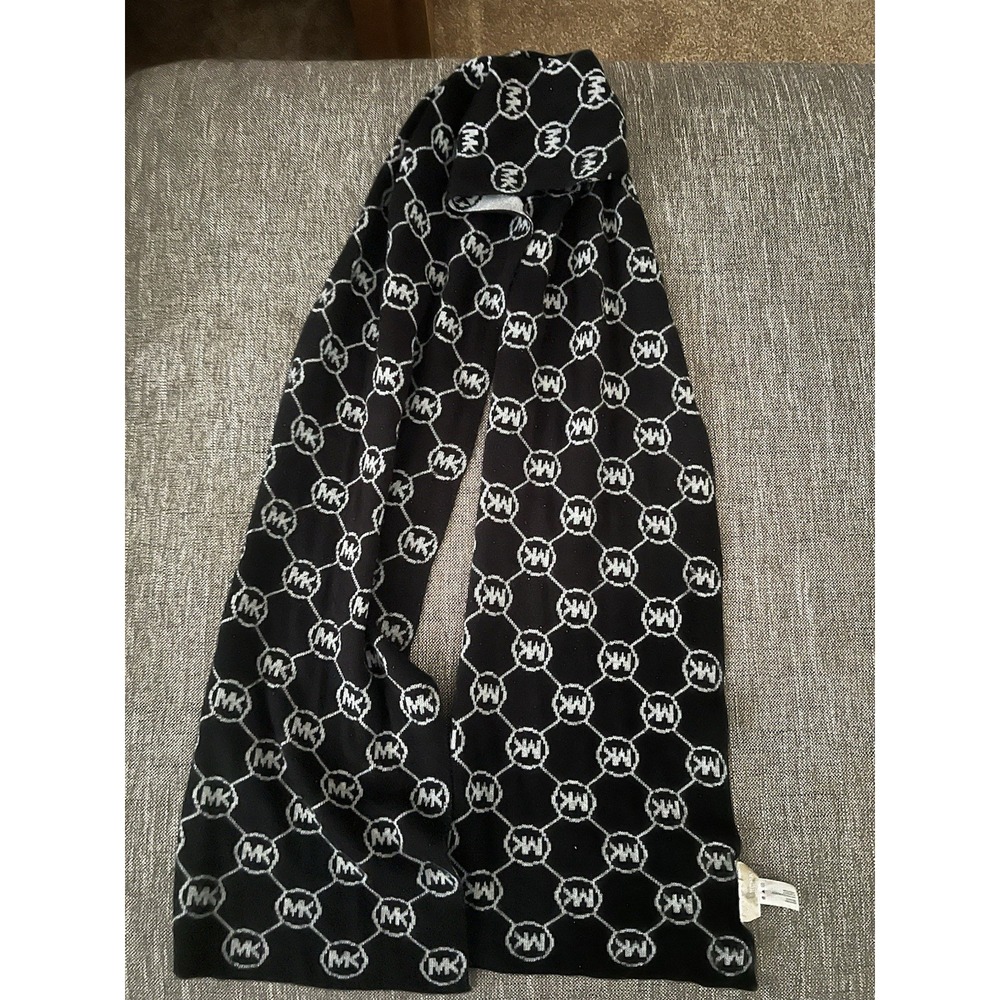 Michael Kors Black & White MK Logo Knit Scarf